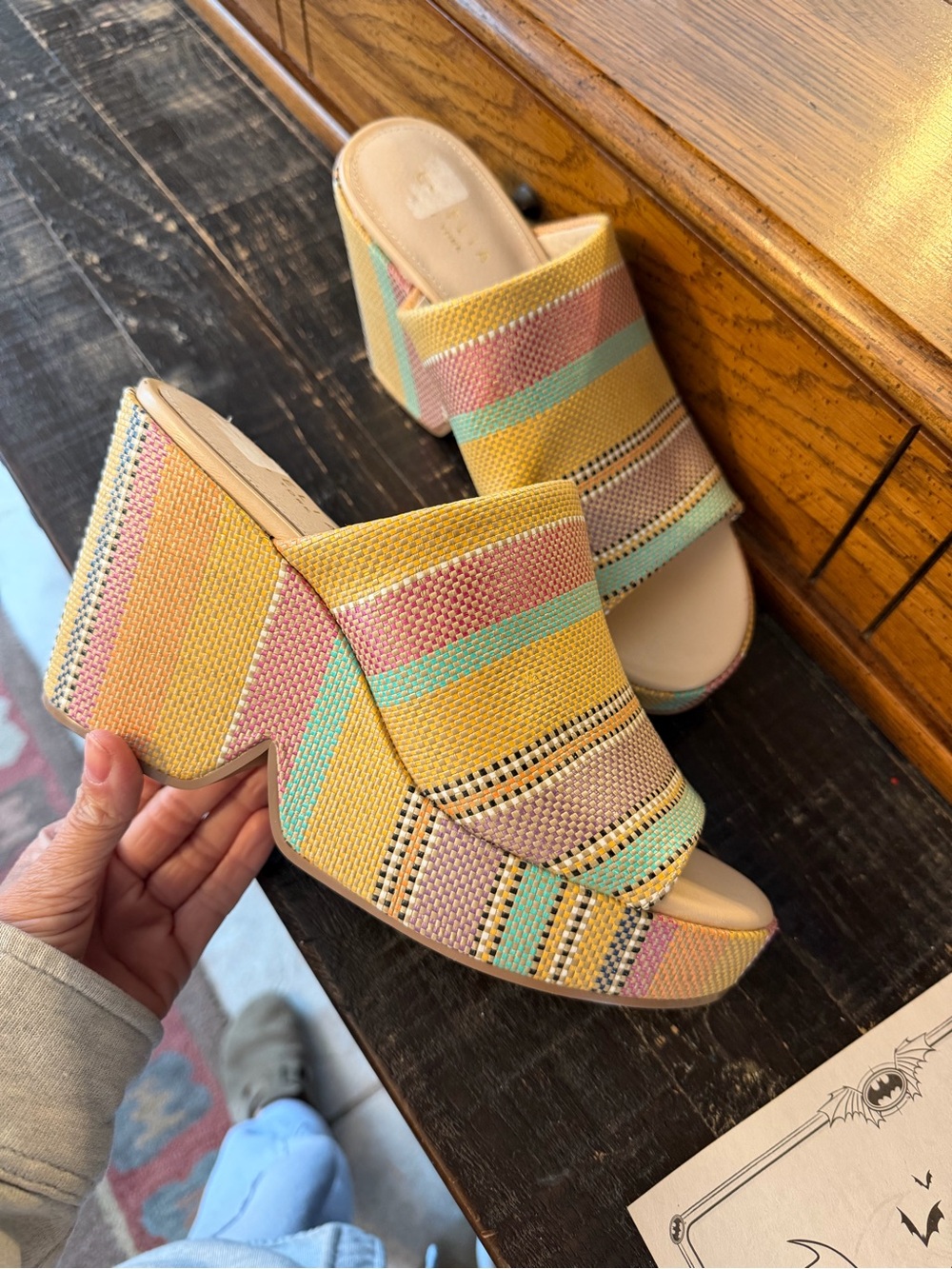 CECILIA NEW YORK Multicolor Woven Platform Mule in Yellow, Pink & Mint